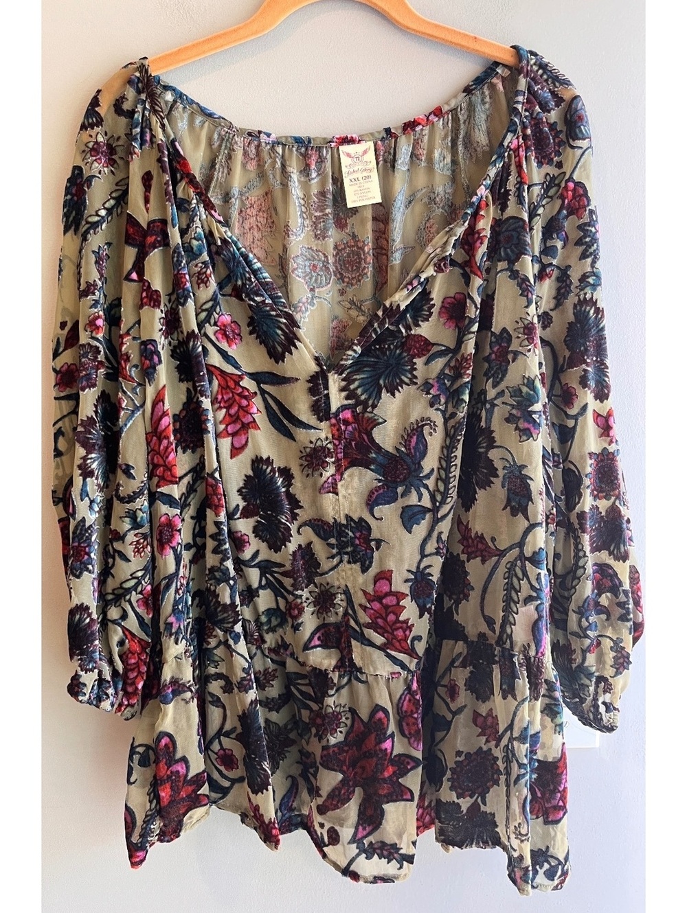 Faded Glory Burnout Velvet Floral Tunic Blouse Boho Sheer Green Pink XXL